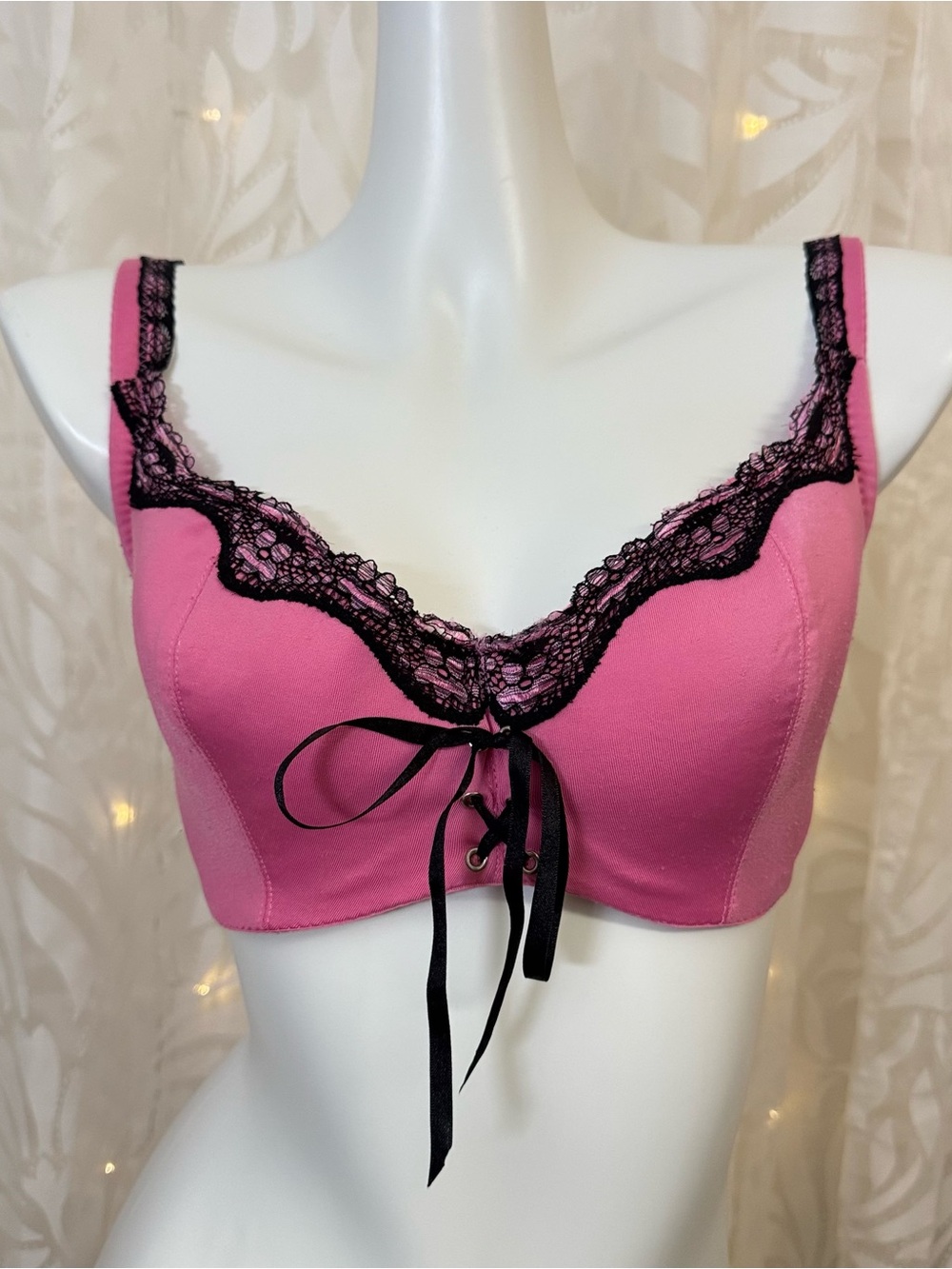 Frederick's of Hollywood Pink Bra with Black Lace and Ribbon